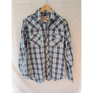 Wrangler Cowboy Medium Blue Plaid Pearl Snap Long Sleeve Rancher Western